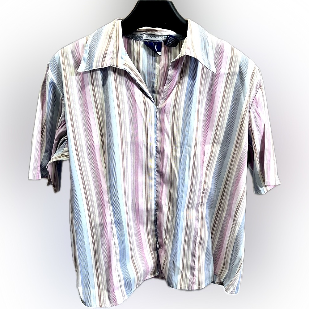 DCC Multi Color Pinstriped Stretch Front Zipper Shirt Blouse